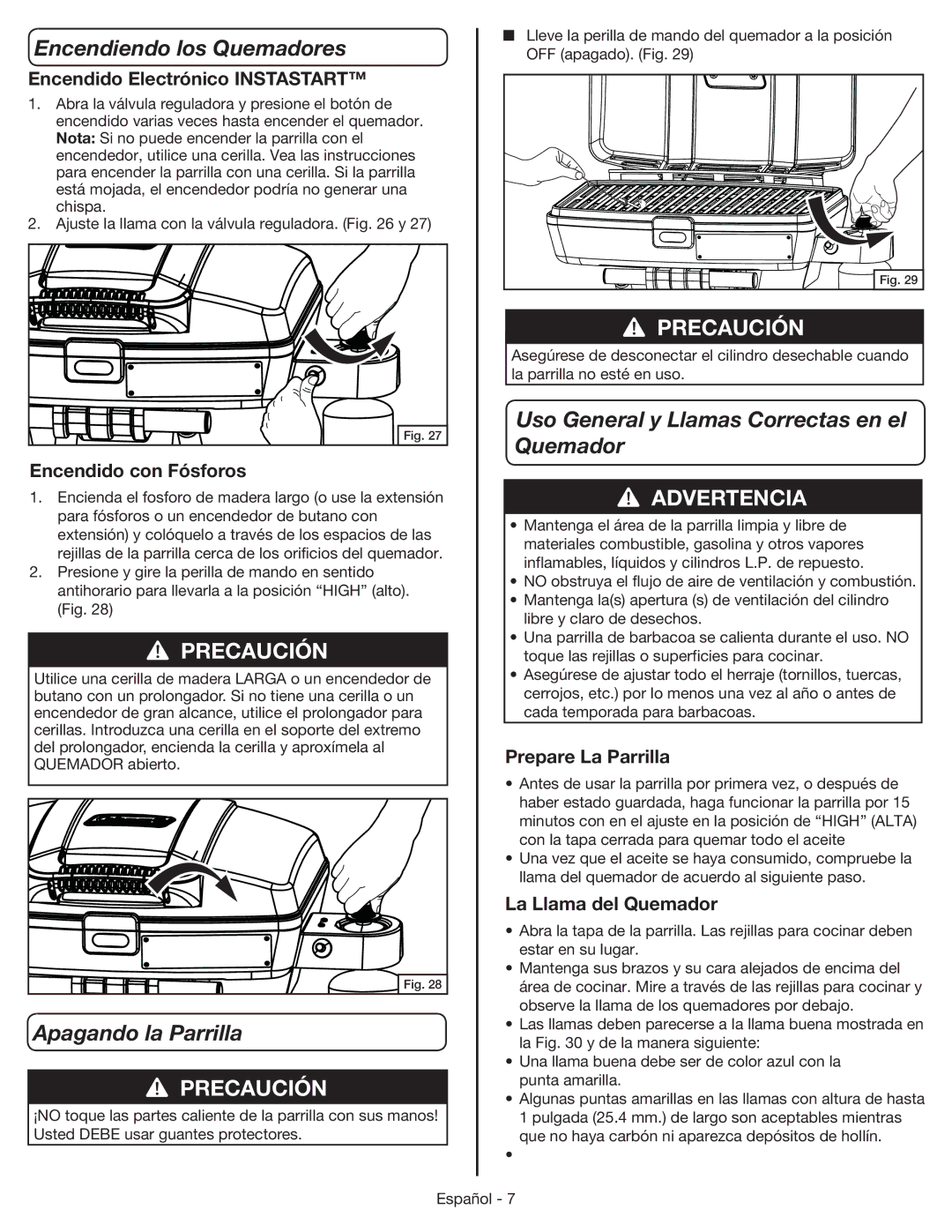 Coleman 9955 manual Encendiendo los Quemadores, Apagando la Parrilla, Uso General y Llamas Correctas en el Quemador 