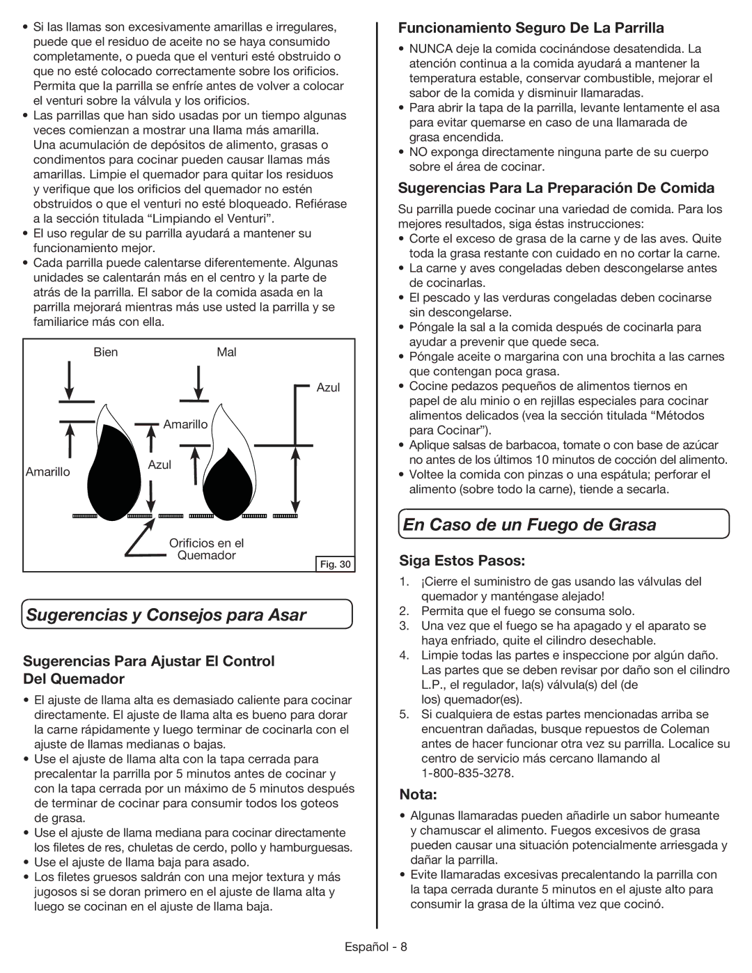 Coleman 9955 manual En Caso de un Fuego de Grasa, Sugerencias y Consejos para Asar 