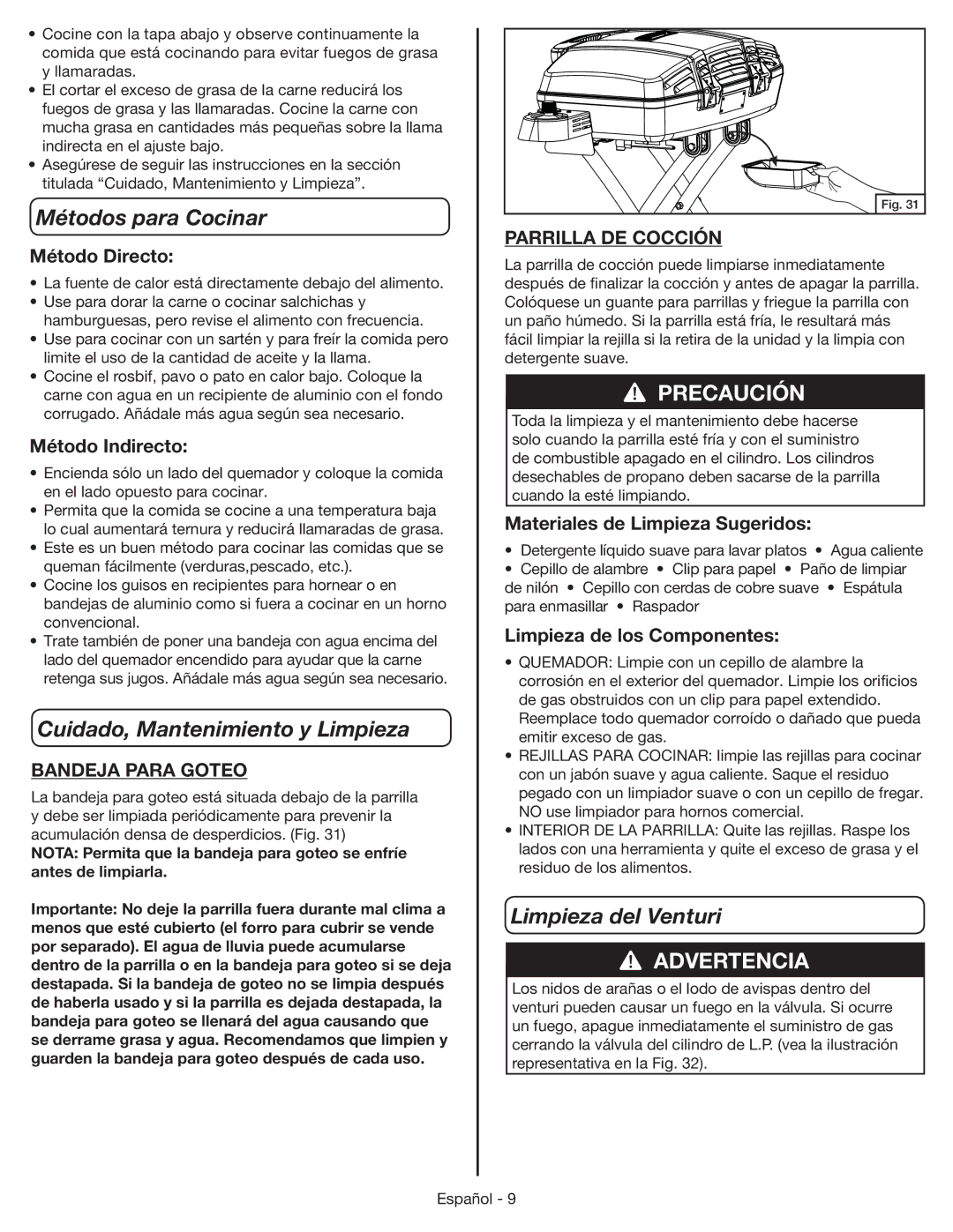 Coleman 9955 manual Métodos para Cocinar, Cuidado, Mantenimiento y Limpieza, Limpieza del Venturi 