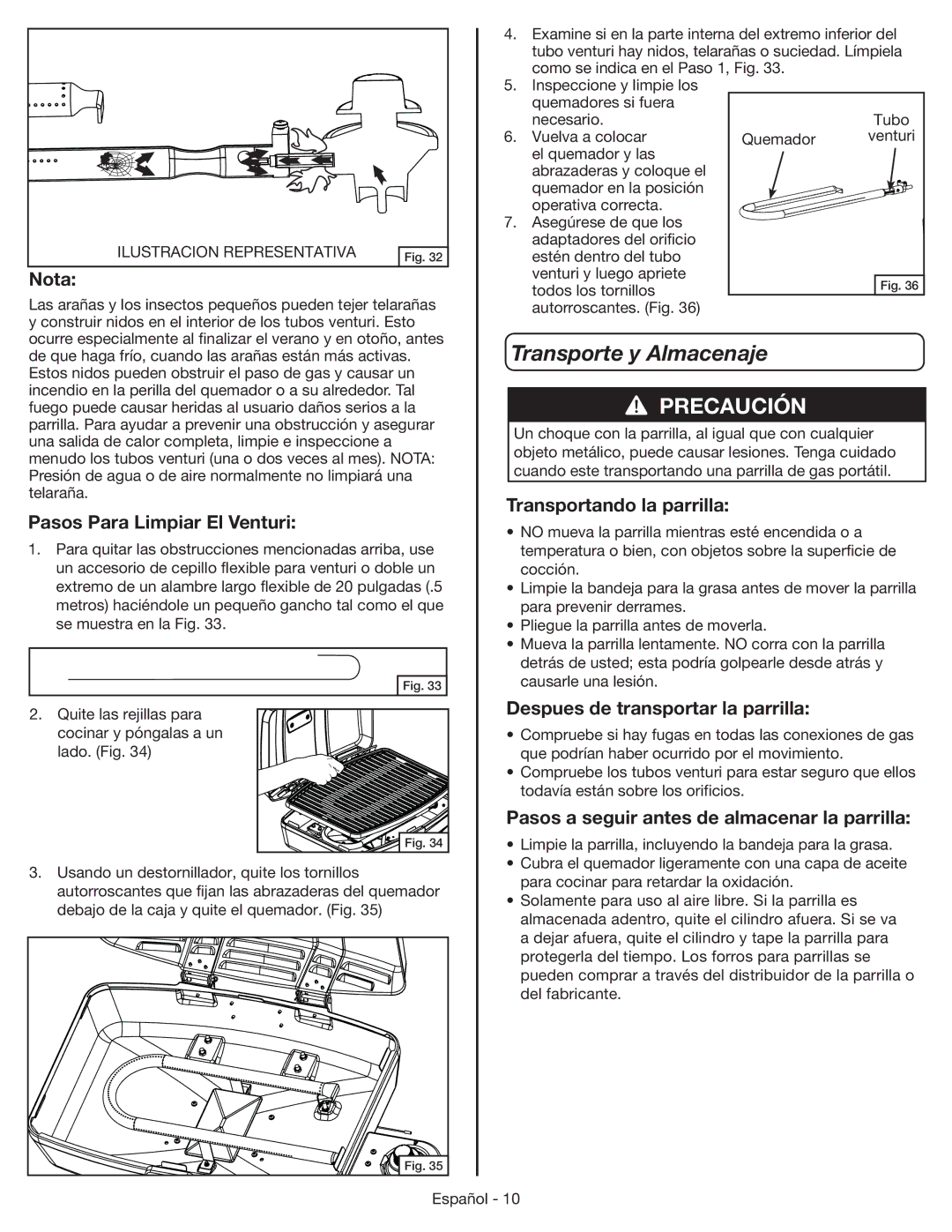 Coleman 9955 manual Transporte y Almacenaje, Transportando la parrilla Pasos Para Limpiar El Venturi 