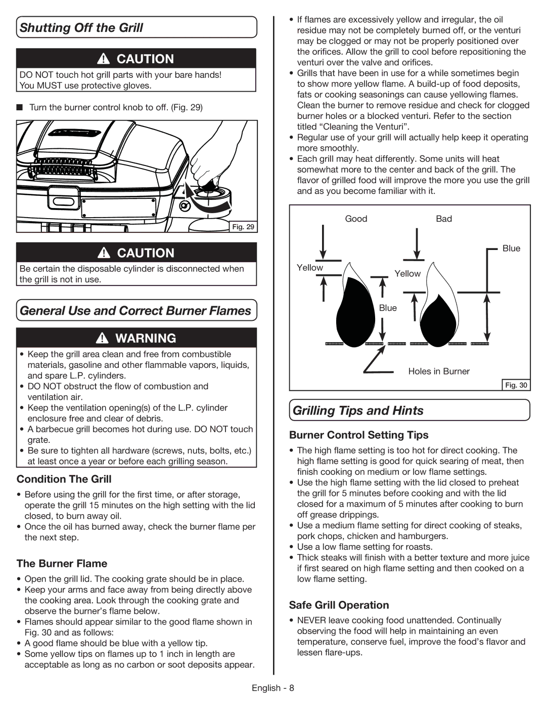 Coleman 9955 manual Shutting Off the Grill, General Use and Correct Burner Flames, Grilling Tips and Hints 