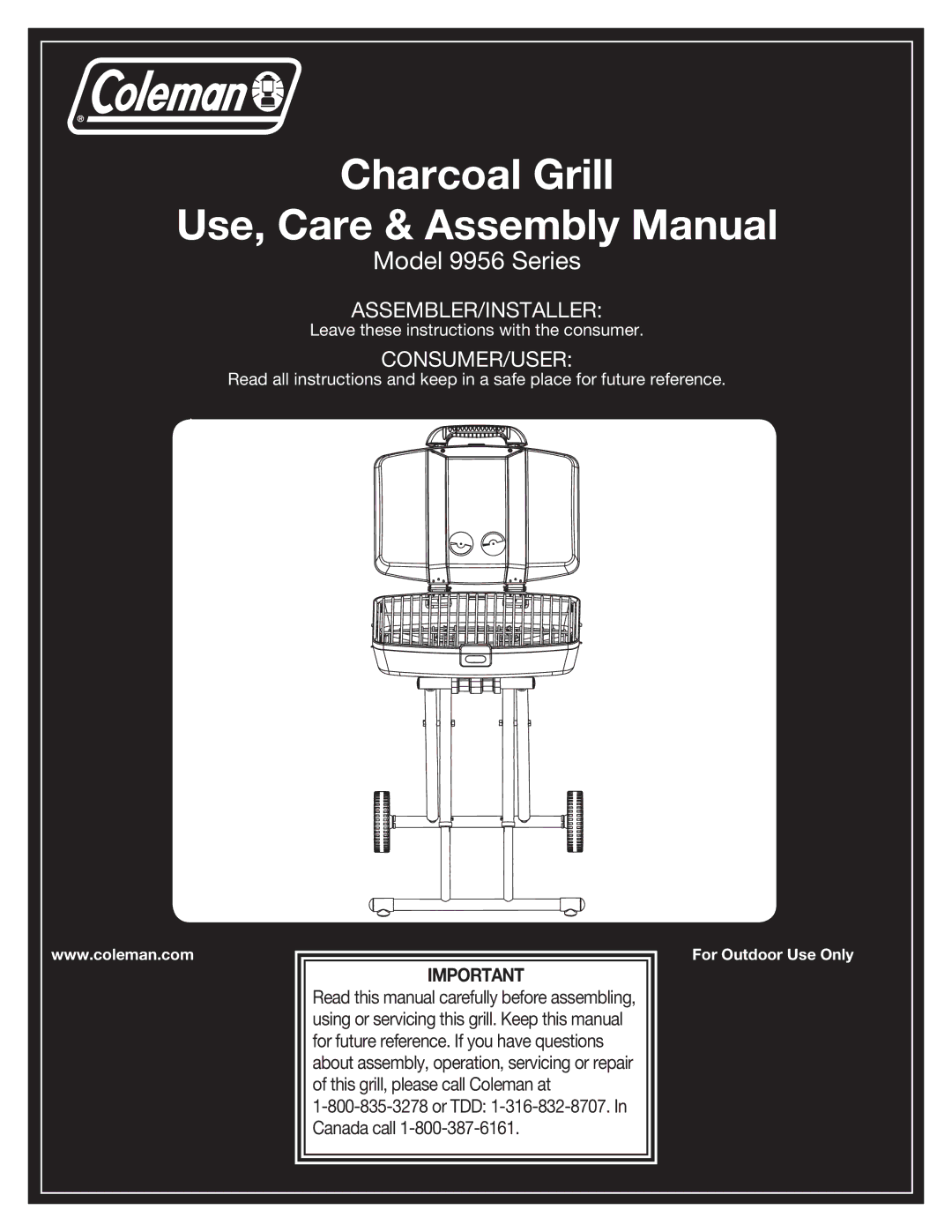 Coleman 9956 manual Charcoal Grill Use, Care & Assembly Manual 