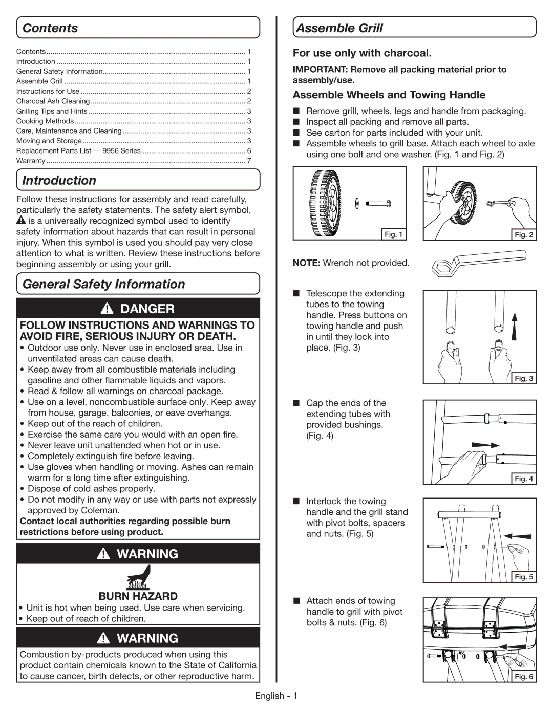 Coleman 9956 manual Contents, Introduction, General Safety Information, Assemble Grill 