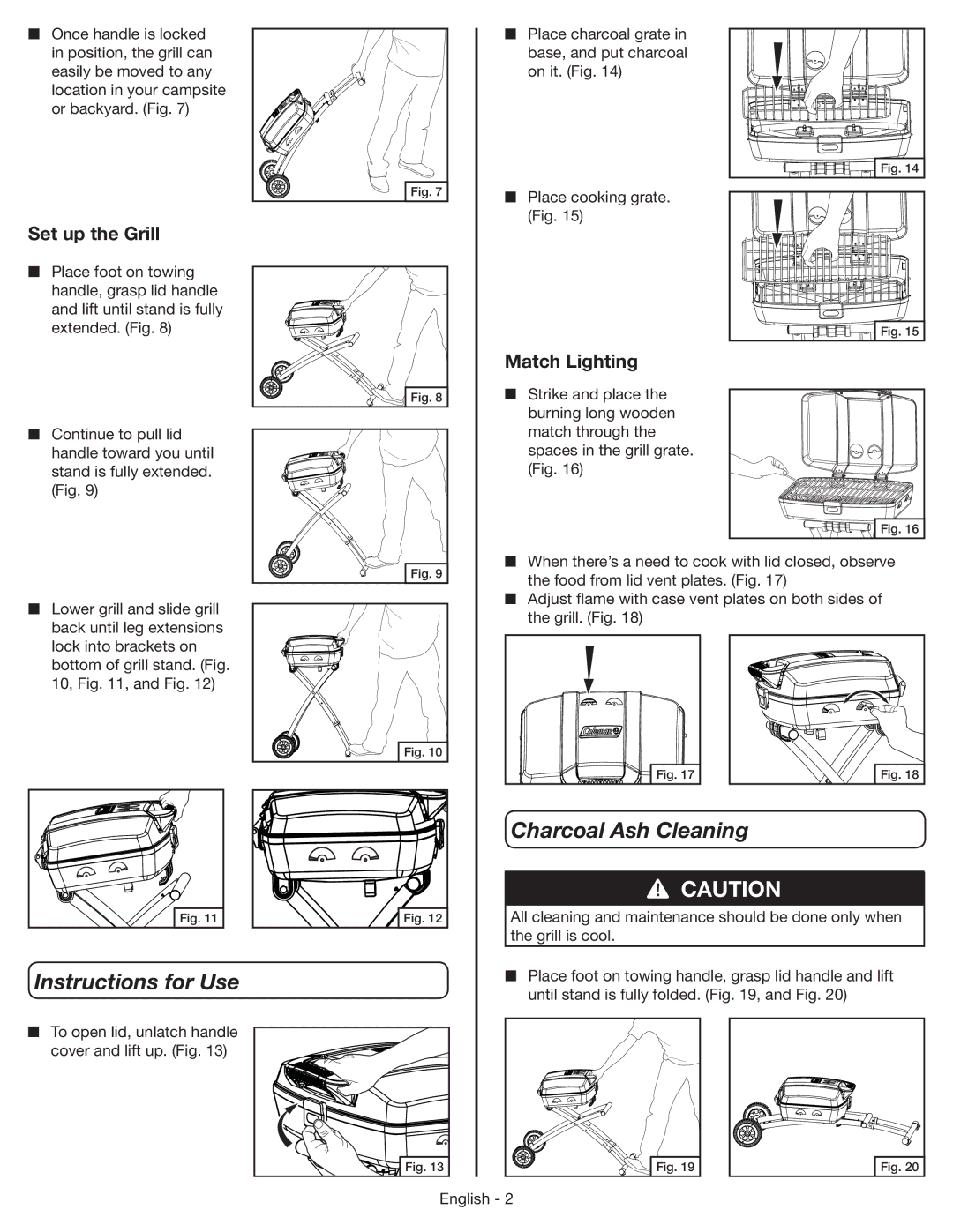 Coleman 9956 manual Instructions for Use, Charcoal Ash Cleaning, Set up the Grill, Match Lighting 