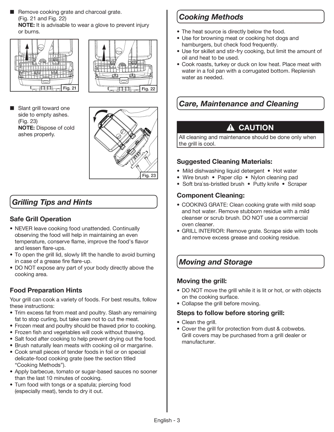 Coleman 9956 manual Grilling Tips and Hints, Cooking Methods, Care, Maintenance and Cleaning, Moving and Storage 