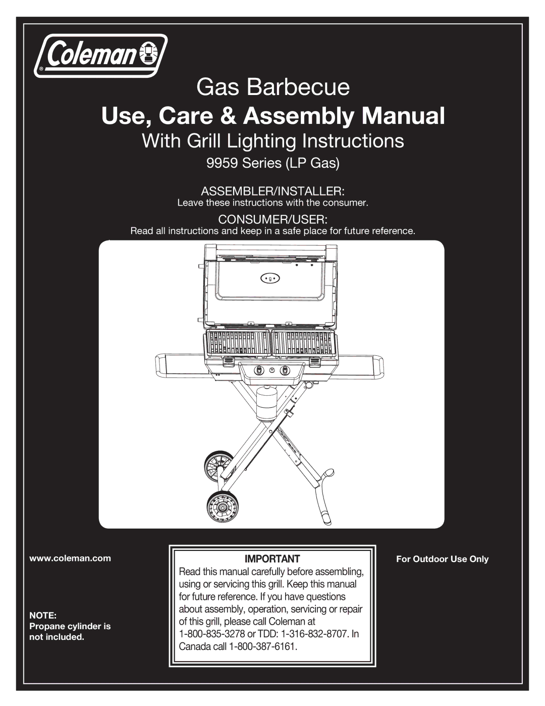 Coleman 9959 manual Use, Care & Assembly Manual 