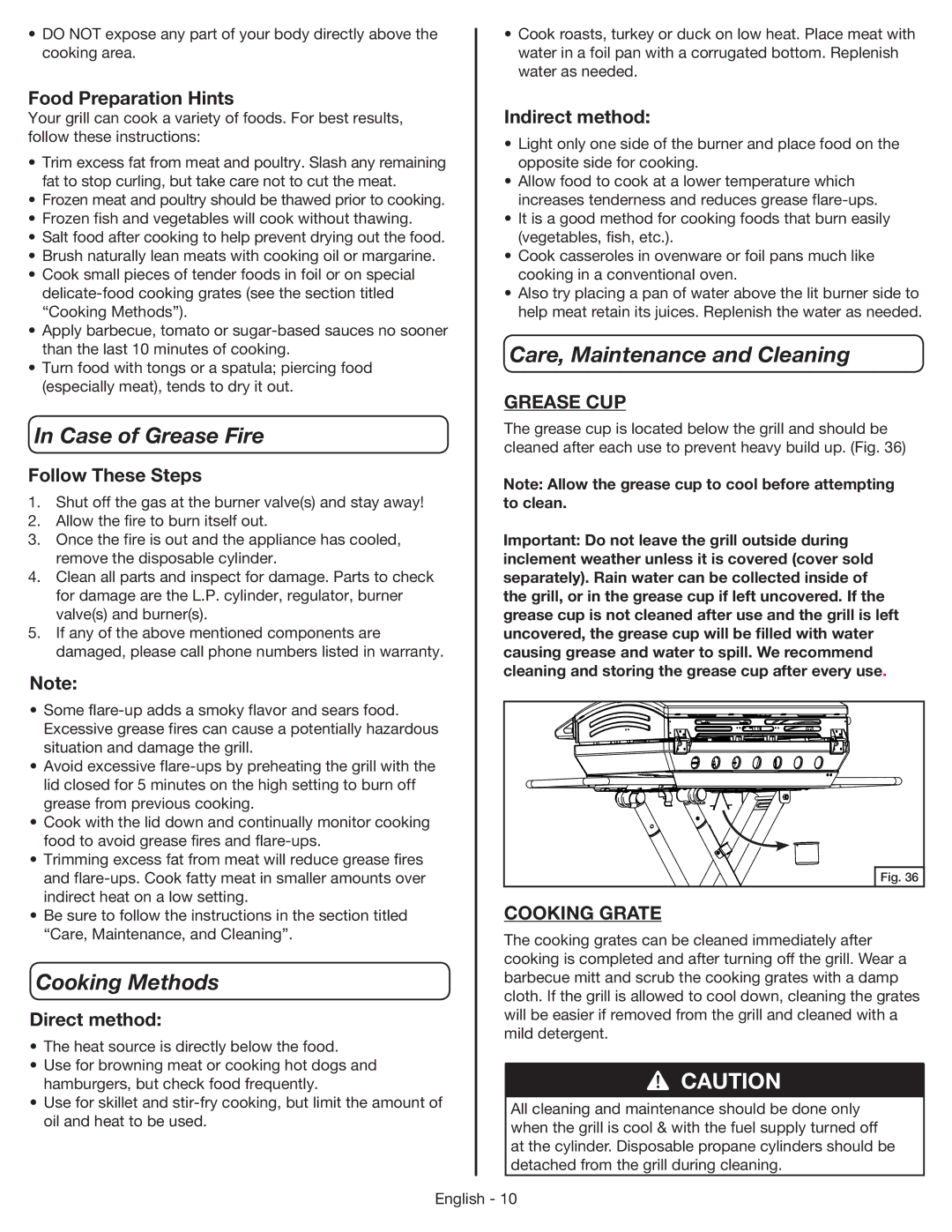 Coleman 9959 manual Case of Grease Fire, Cooking Methods, Care, Maintenance and Cleaning 