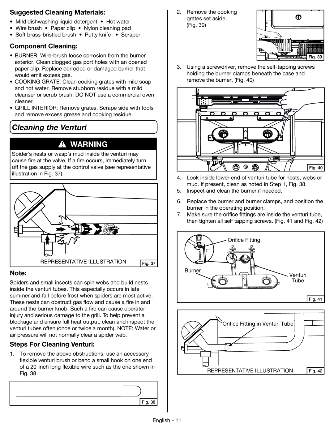 Coleman 9959 manual Cleaning the Venturi, Suggested Cleaning Materials, Component Cleaning, Steps For Cleaning Venturi 