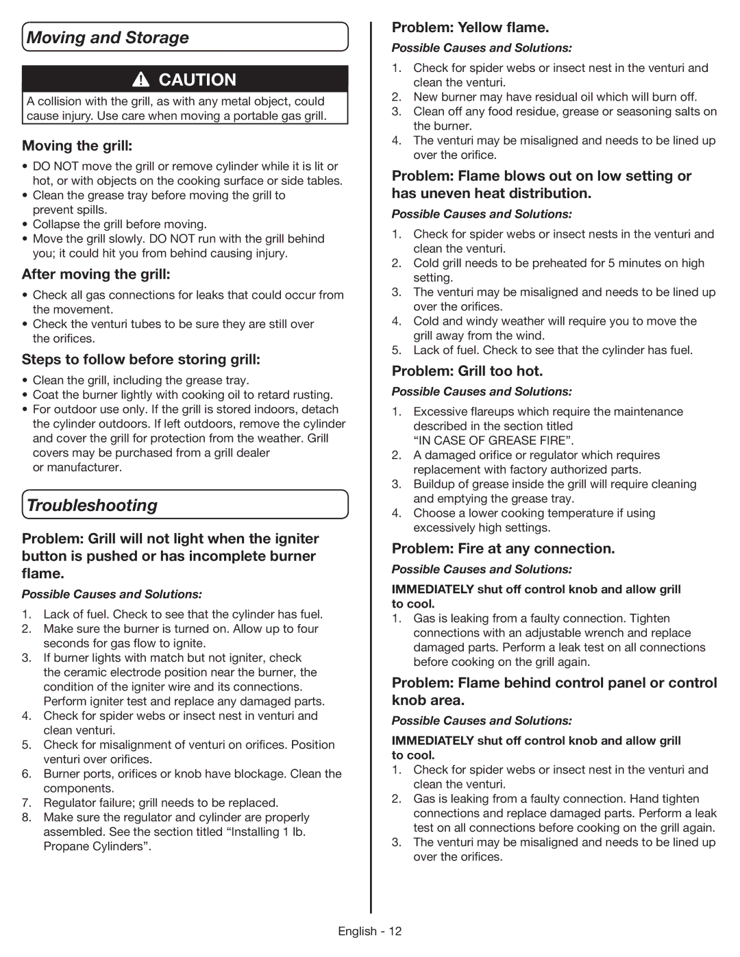 Coleman 9959 manual Moving and Storage, Troubleshooting 