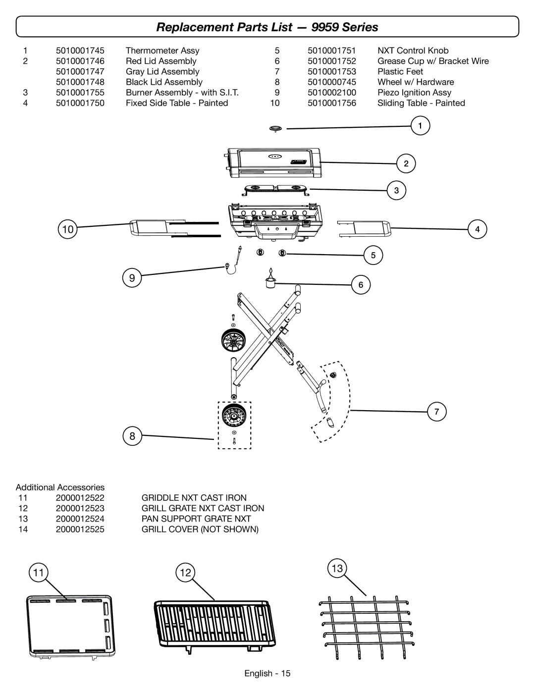 Coleman Replacement Parts List 9959 Series, Griddle NXT Cast Iron, Grill Grate NXT Cast Iron, PAN Support Grate NXT 