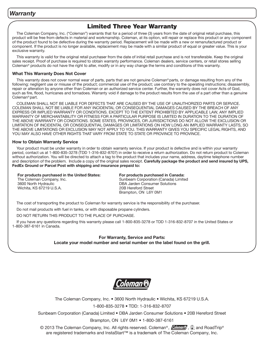 Coleman 9959 manual What This Warranty Does Not Cover, How to Obtain Warranty Service 