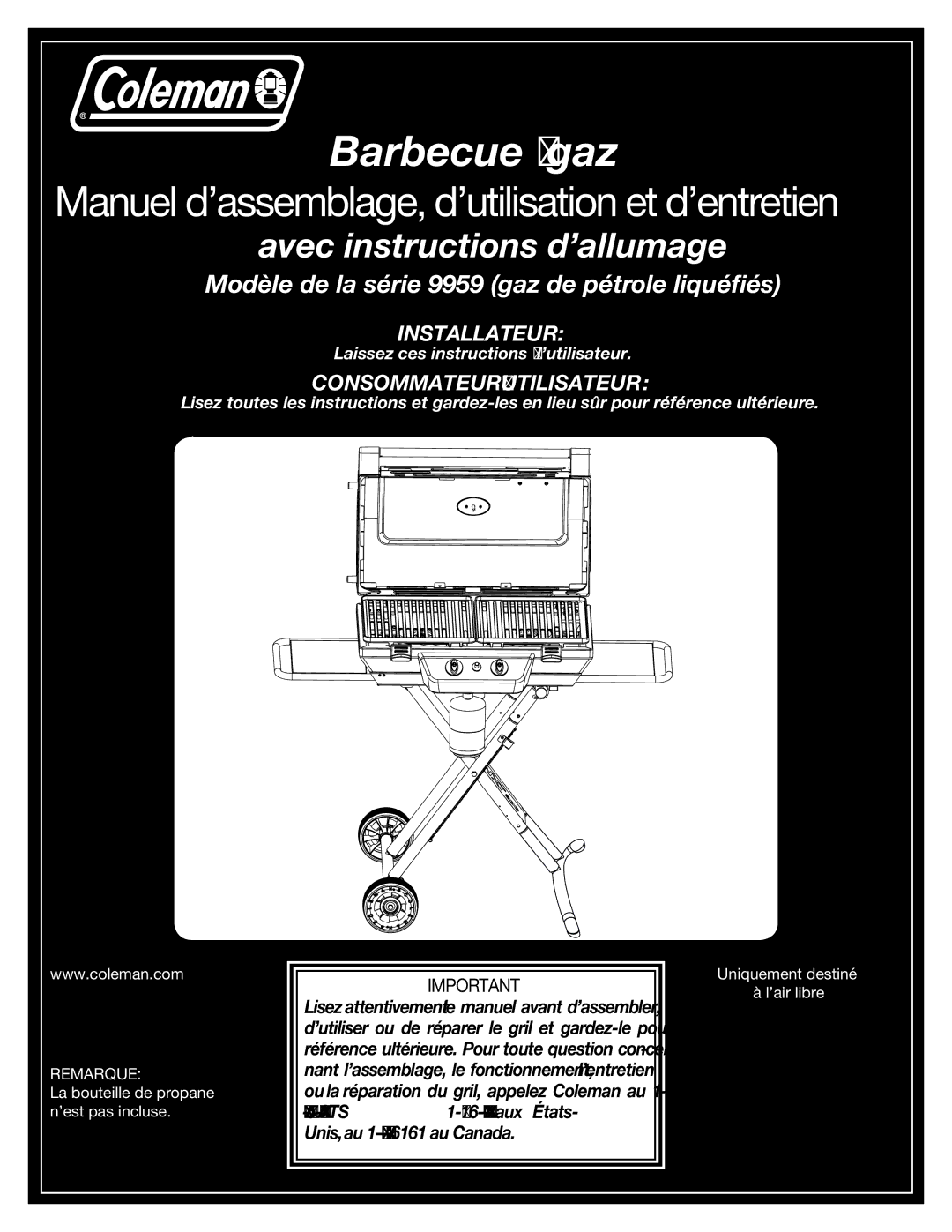 Coleman 9959 manual Barbecue à gaz 