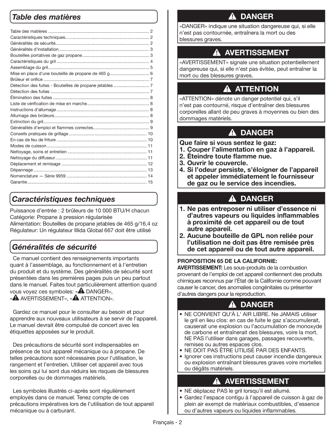 Coleman 9959 manual Table des matières, Caractéristiques techniques, Généralités de sécurité 