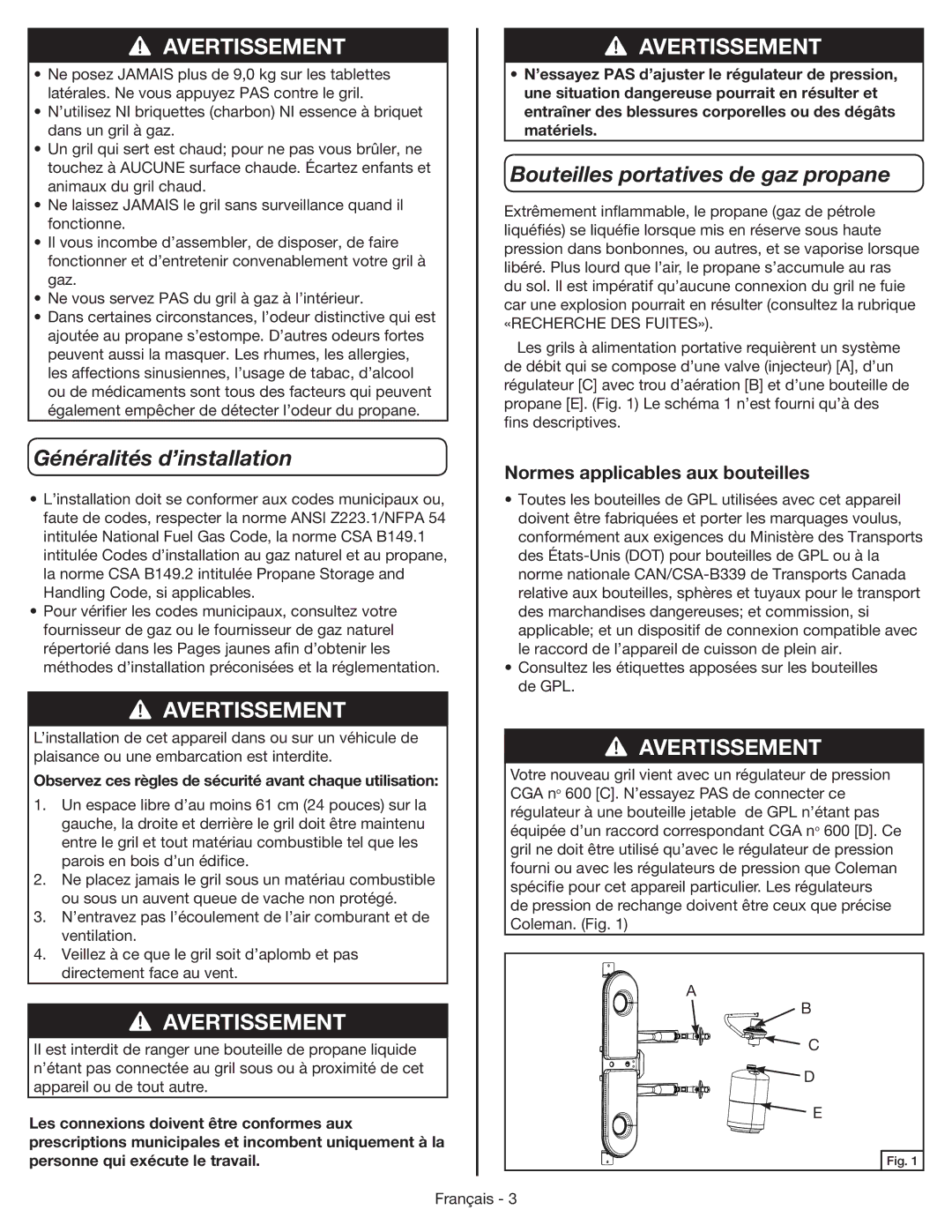 Coleman 9959 manual Bouteilles portatives de gaz propane, Généralités d’installation, Normes applicables aux bouteilles 