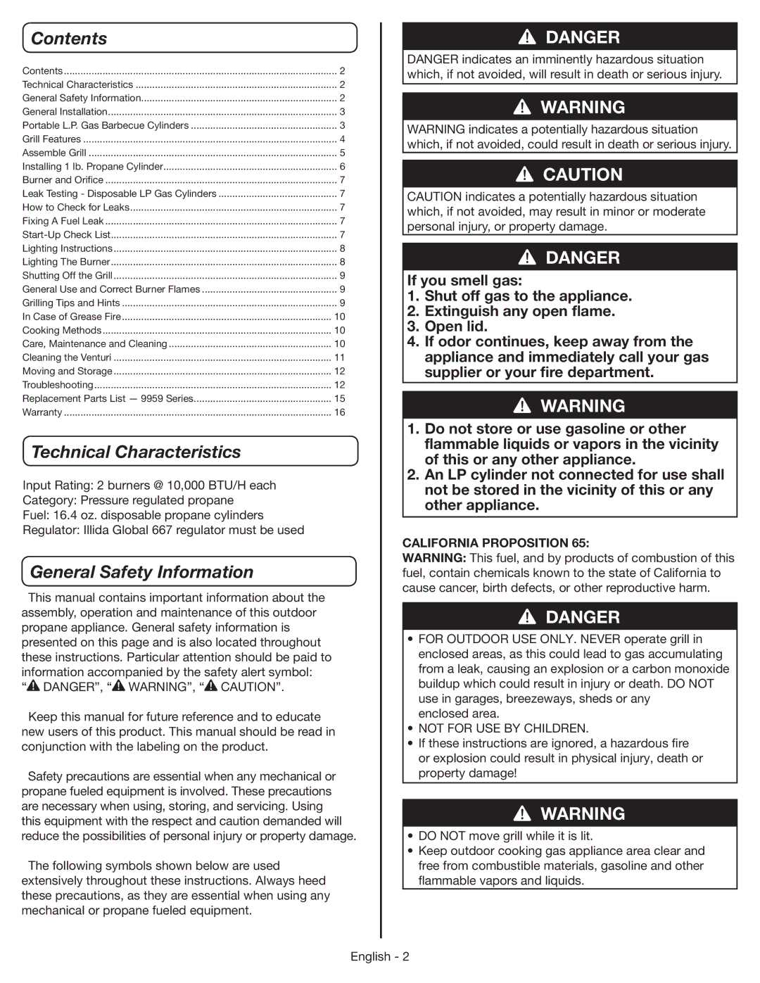 Coleman 9959 manual Contents, Technical Characteristics, General Safety Information 