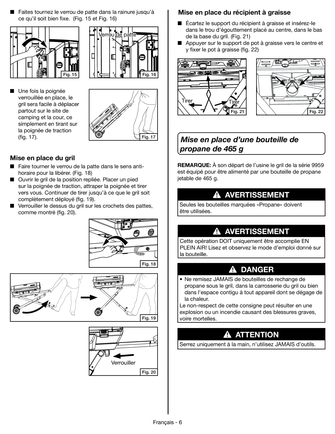 Coleman 9959 manual Mise en place d’une bouteille de propane de 465 g, Mise en place du récipient à graisse 