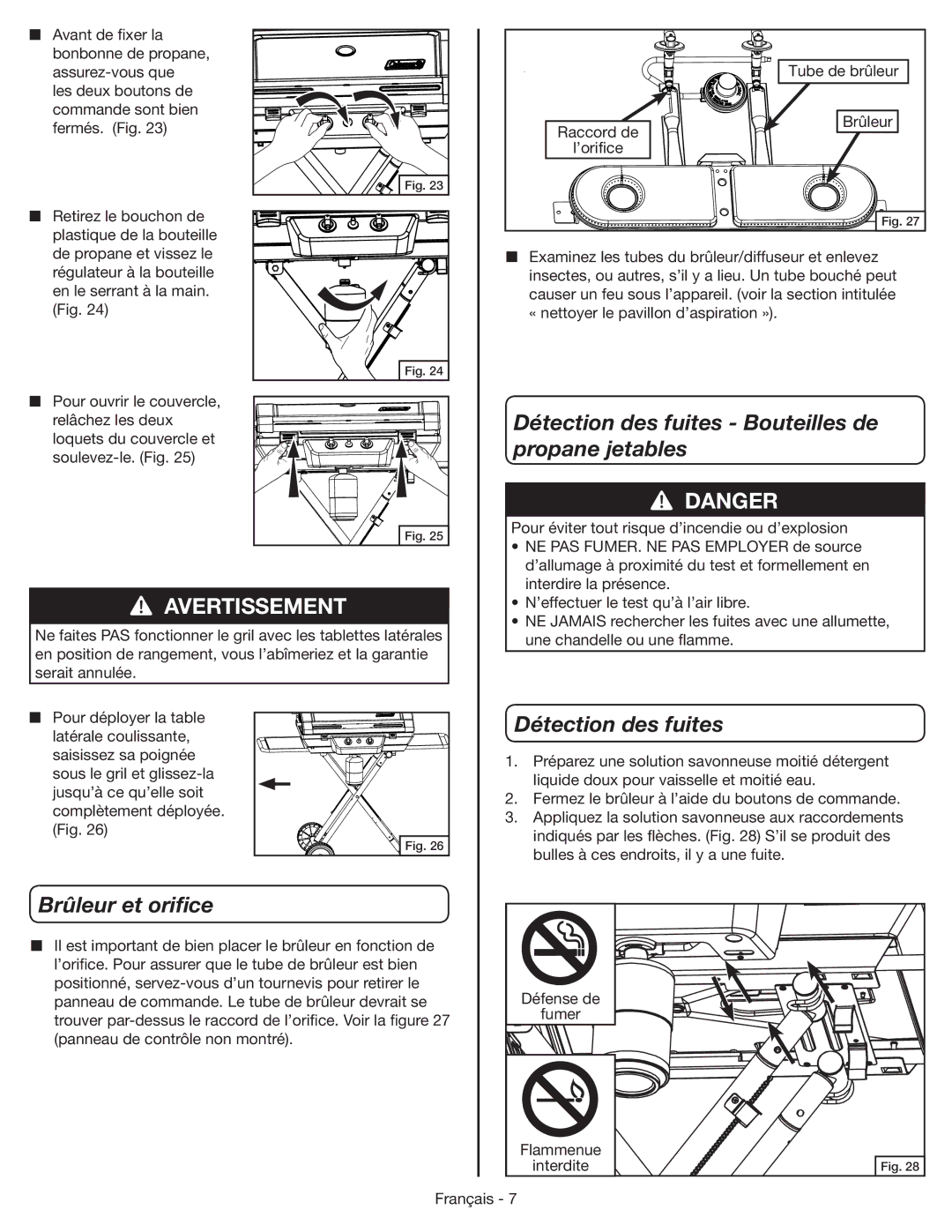 Coleman 9959 manual Détection des fuites Bouteilles de, Propane jetables, Brûleur et orifice 