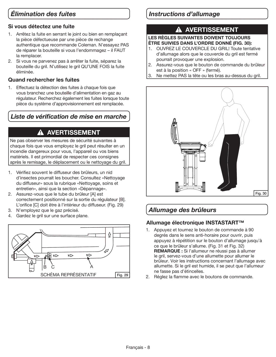 Coleman 9959 manual Élimination des fuites, Liste de vérification de mise en marche, Instructions d’allumage 