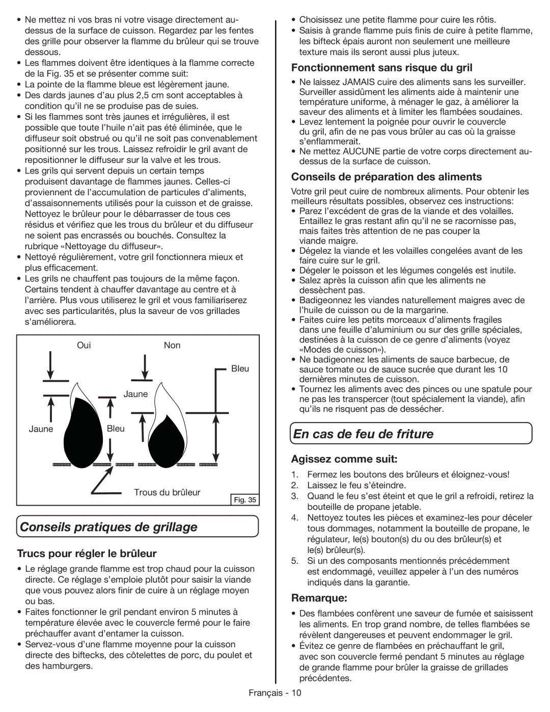 Coleman 9959 manual En cas de feu de friture, Conseils pratiques de grillage 