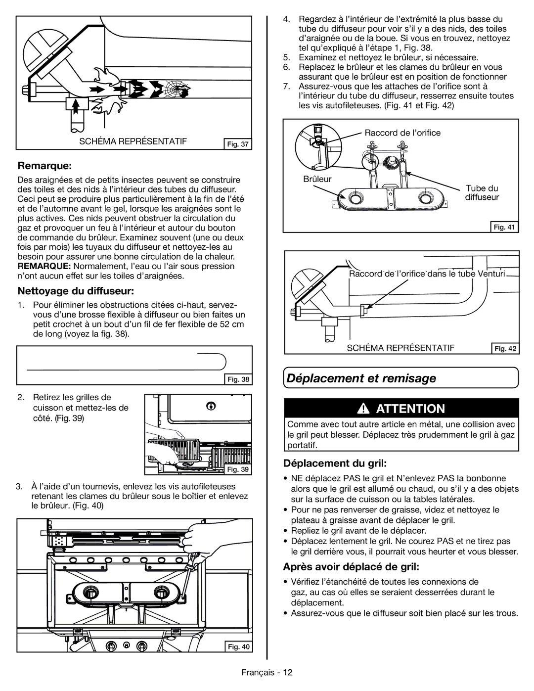 Coleman 9959 manual Déplacement et remisage, Nettoyage du diffuseur, Déplacement du gril, Après avoir déplacé de gril 