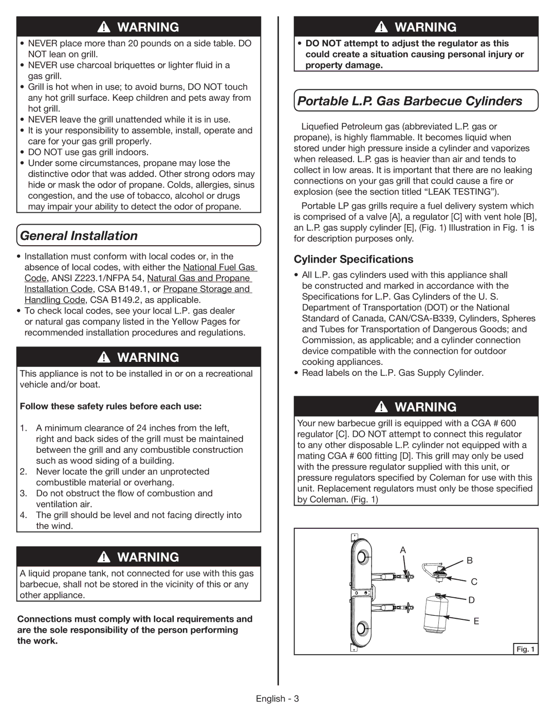 Coleman 9959 manual General Installation, Portable L.P. Gas Barbecue Cylinders, Cylinder Specifications 