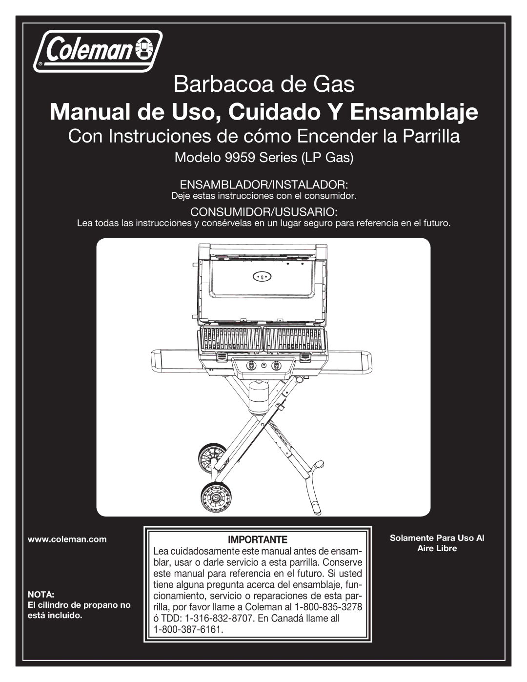 Coleman 9959 manual Manual de Uso, Cuidado Y Ensamblaje 