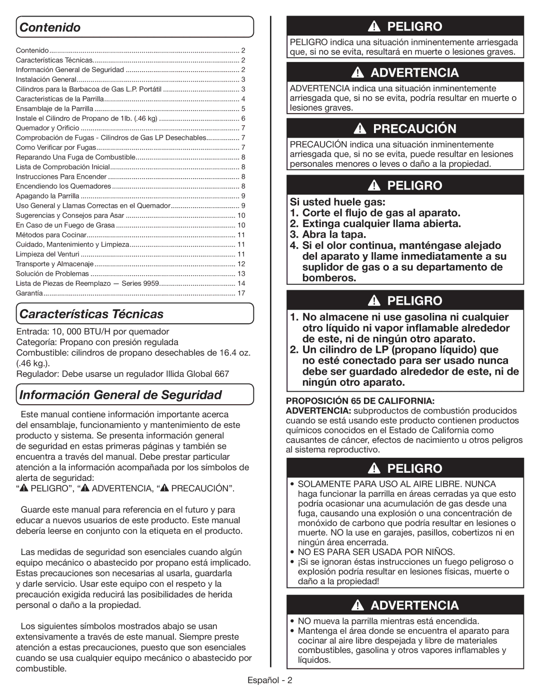 Coleman 9959 manual Contenido, Características Técnicas, Información General de Seguridad, Proposición 65 DE California 