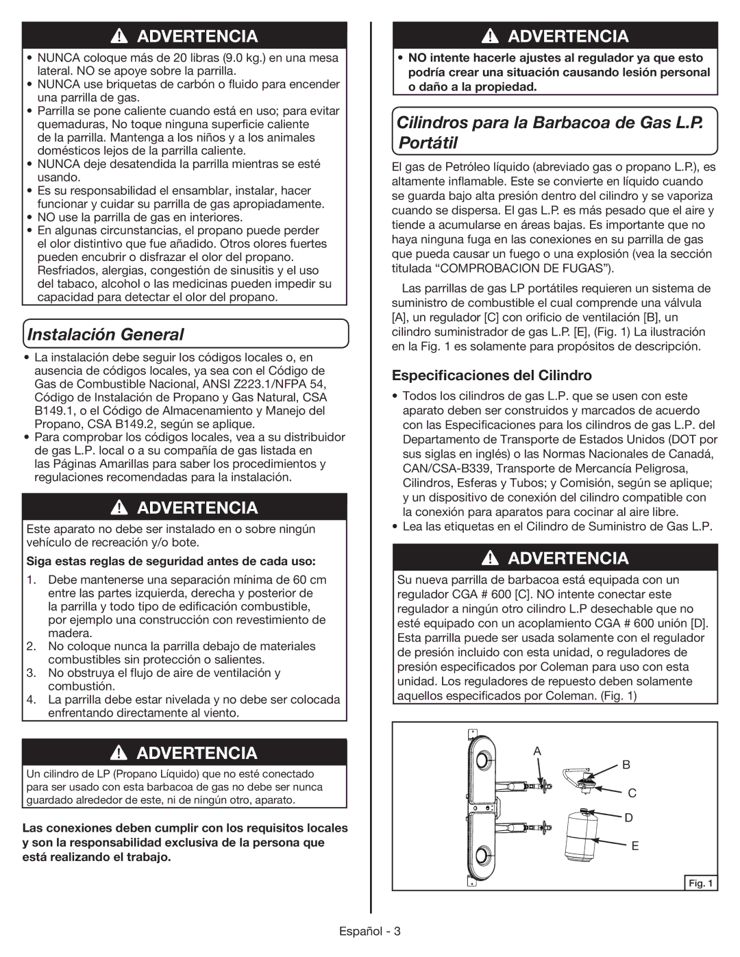 Coleman 9959 manual Instalación General, Cilindros para la Barbacoa de Gas L.P. Portátil, Especificaciones del Cilindro 