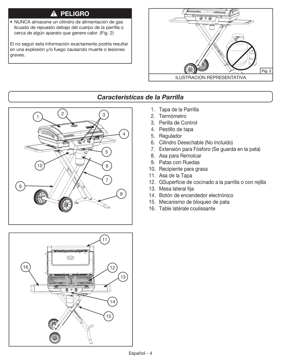 Coleman 9959 manual Caracteristícas de la Parrilla, Ilustracion Representativa 