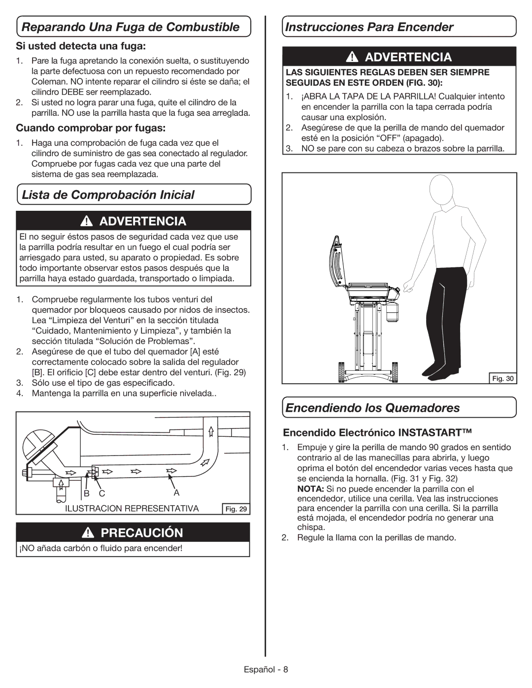 Coleman 9959 manual Reparando Una Fuga de Combustible, Lista de Comprobación Inicial, Instrucciones Para Encender 