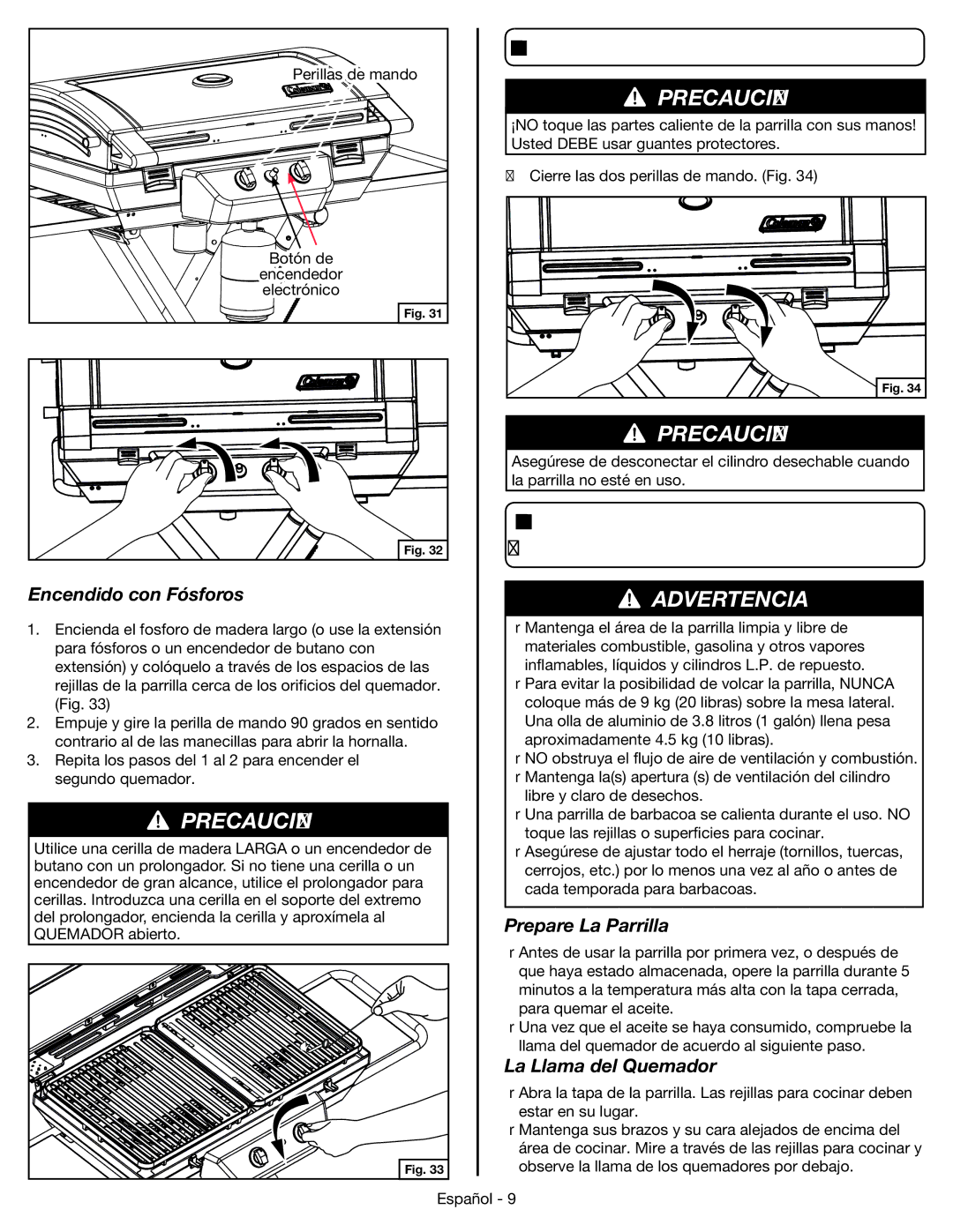 Coleman 9959 manual Apagando la Parrilla, Uso General y Llamas Correctas en el Quemador, Encendido con Fósforos 