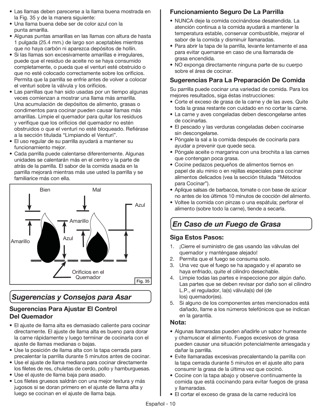 Coleman 9959 manual Sugerencias y Consejos para Asar, En Caso de un Fuego de Grasa 