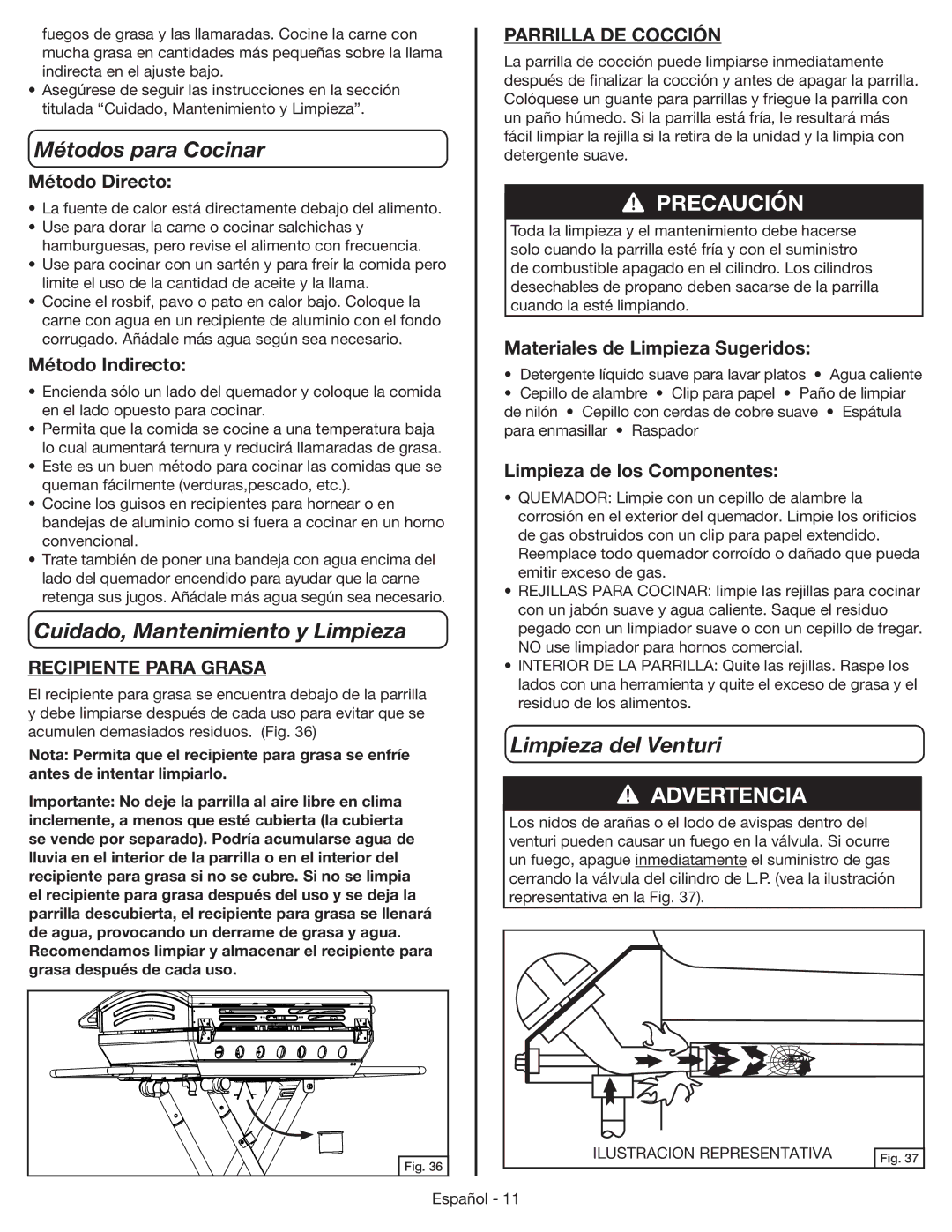 Coleman 9959 manual Métodos para Cocinar, Cuidado, Mantenimiento y Limpieza, Limpieza del Venturi 