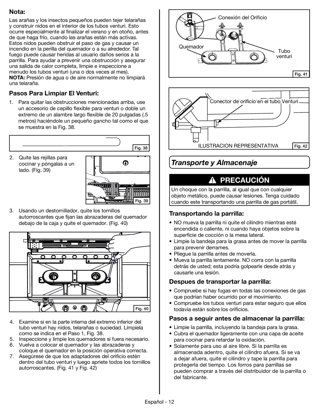 Coleman 9959 manual Transporte y Almacenaje, Pasos Para Limpiar El Venturi, Transportando la parrilla 