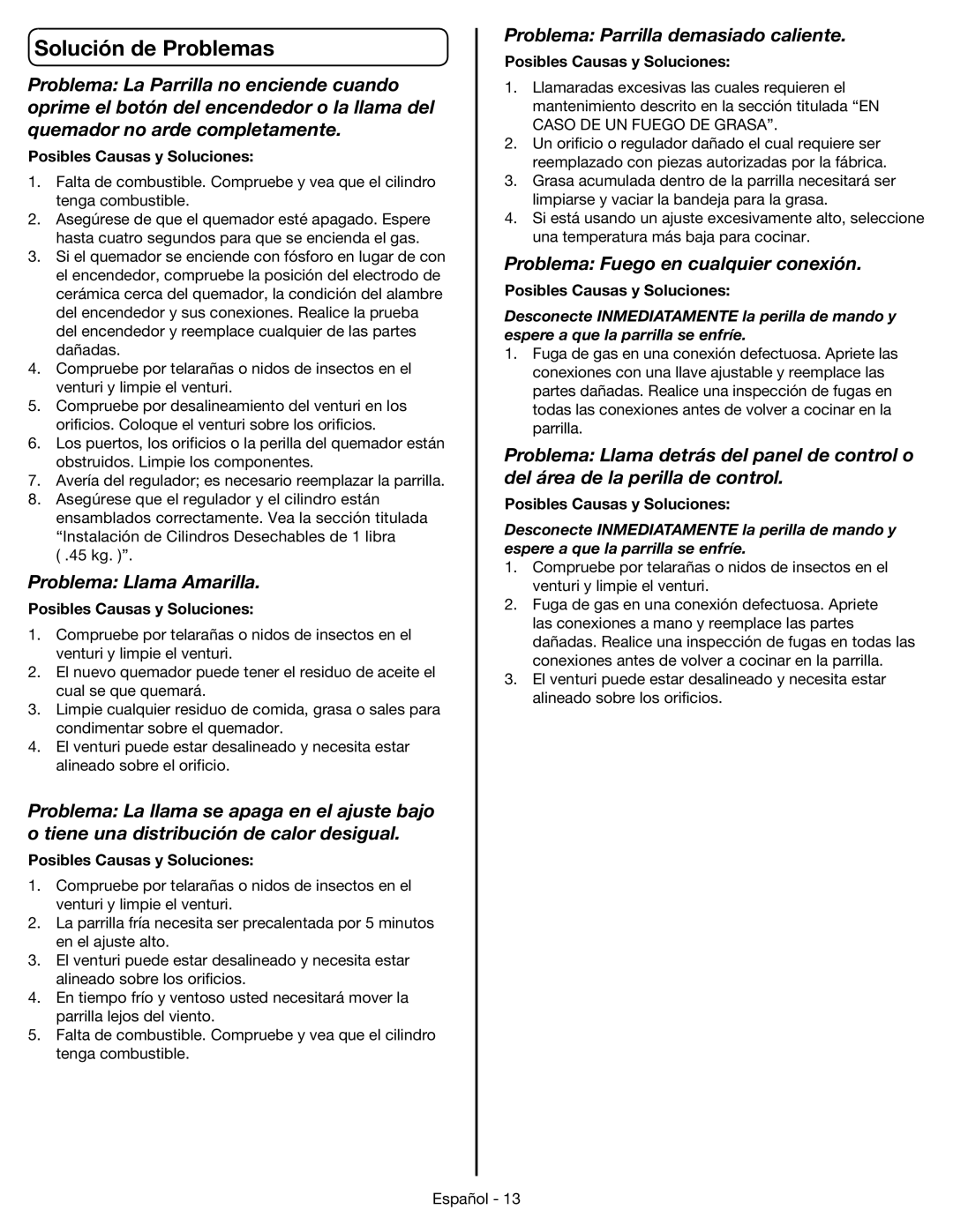 Coleman 9959 manual Solución de Problemas, Problema Llama Amarilla, Problema Parrilla demasiado caliente 