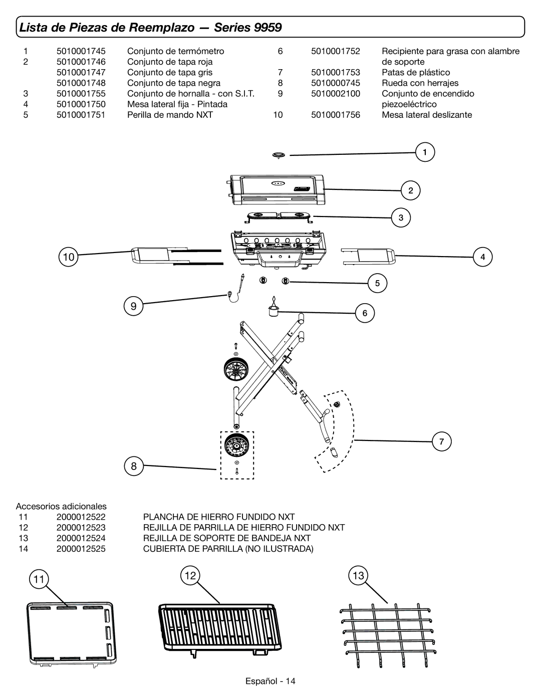 Coleman 9959 Lista de Piezas de Reemplazo Series, Plancha DE Hierro Fundido NXT, Rejilla DE Parrilla DE Hierro Fundido NXT 