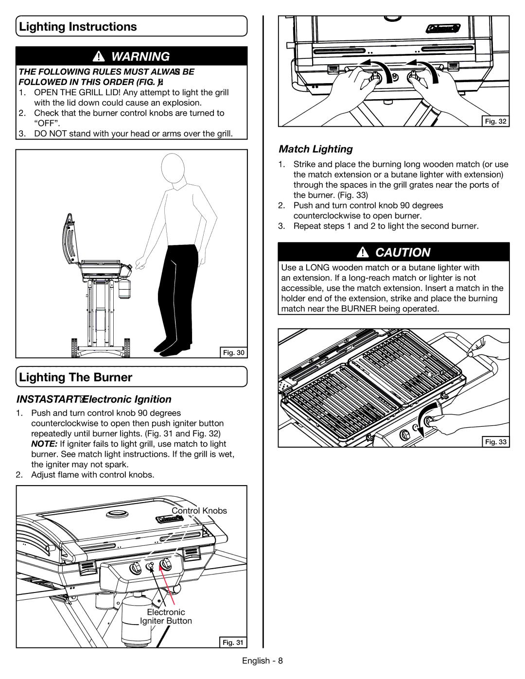 Coleman 9959 manual Lighting Instructions, Lighting The Burner, Instastart Electronic Ignition, Match Lighting 