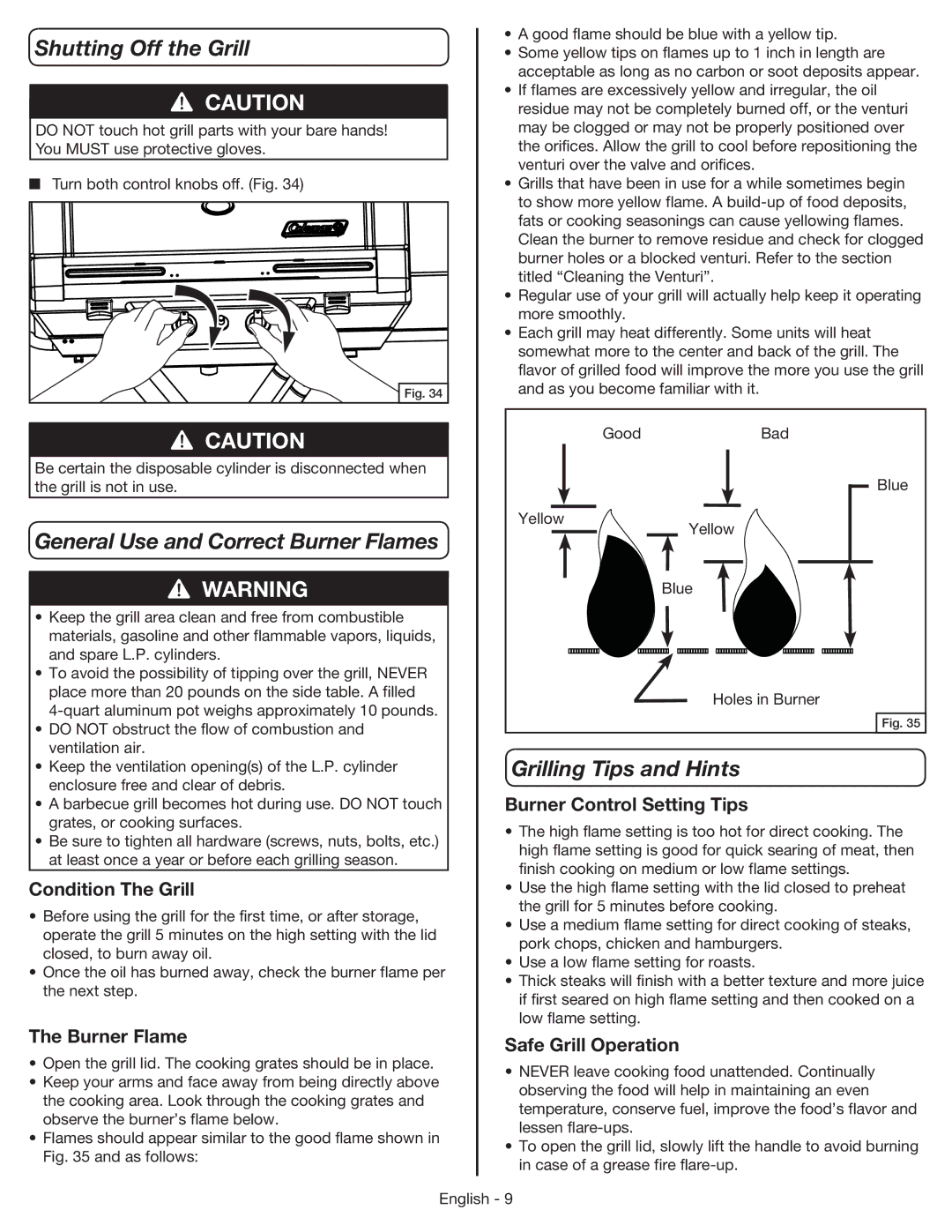 Coleman 9959 manual Shutting Off the Grill, General Use and Correct Burner Flames, Grilling Tips and Hints 