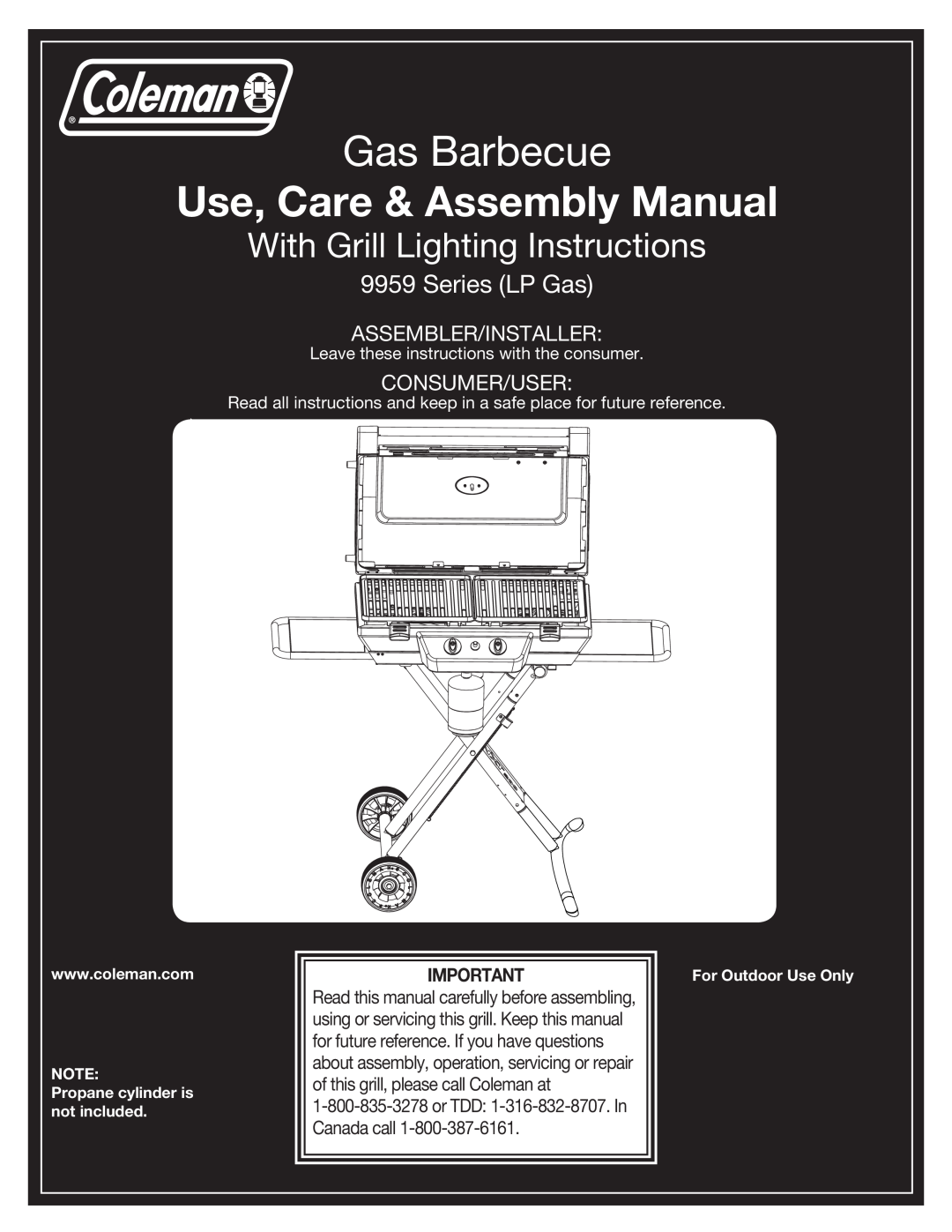 Coleman 9959 manual Gas Barbecue, Use, Care & Assembly Manual, With Grill Lighting Instructions, Series LP Gas 