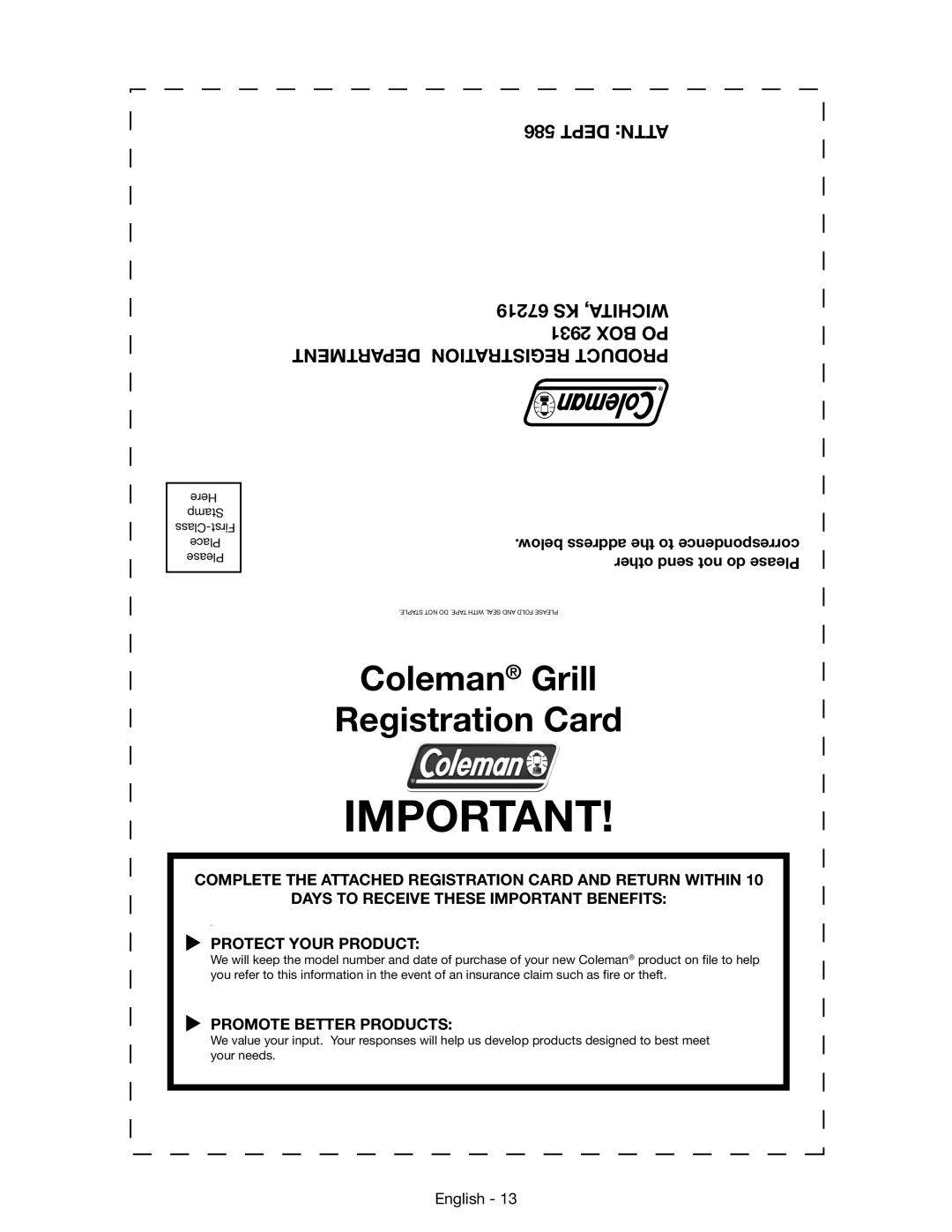 Coleman 9959 manual Dept Attn, KS WICHITA, 2931 BOX PO DEPARTMENT REGISTRATION PRODUCT, Coleman Grill Registration Card 