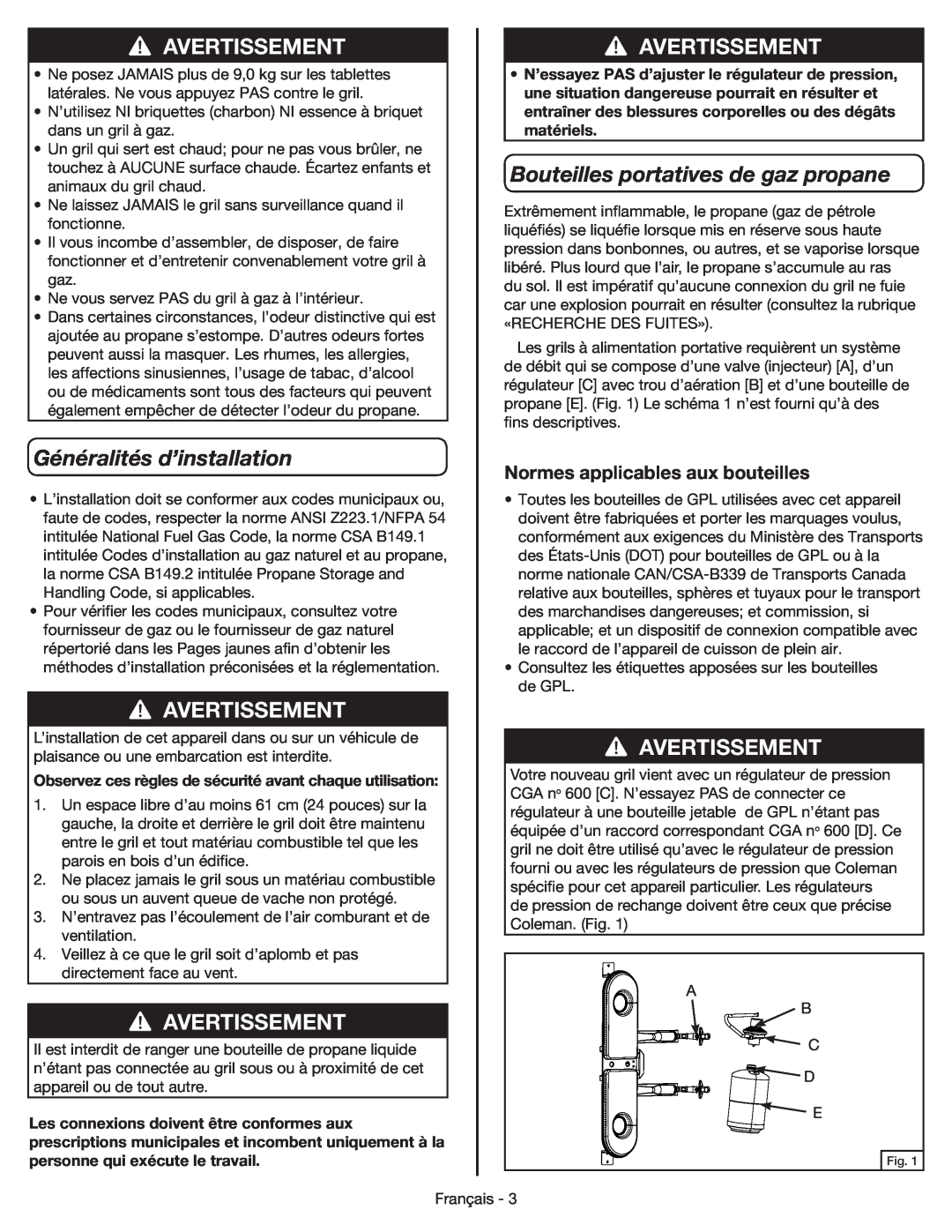Coleman 9959 manual Avertissement, Bouteilles portatives de gaz propane, Généralités d’installation, matériels 