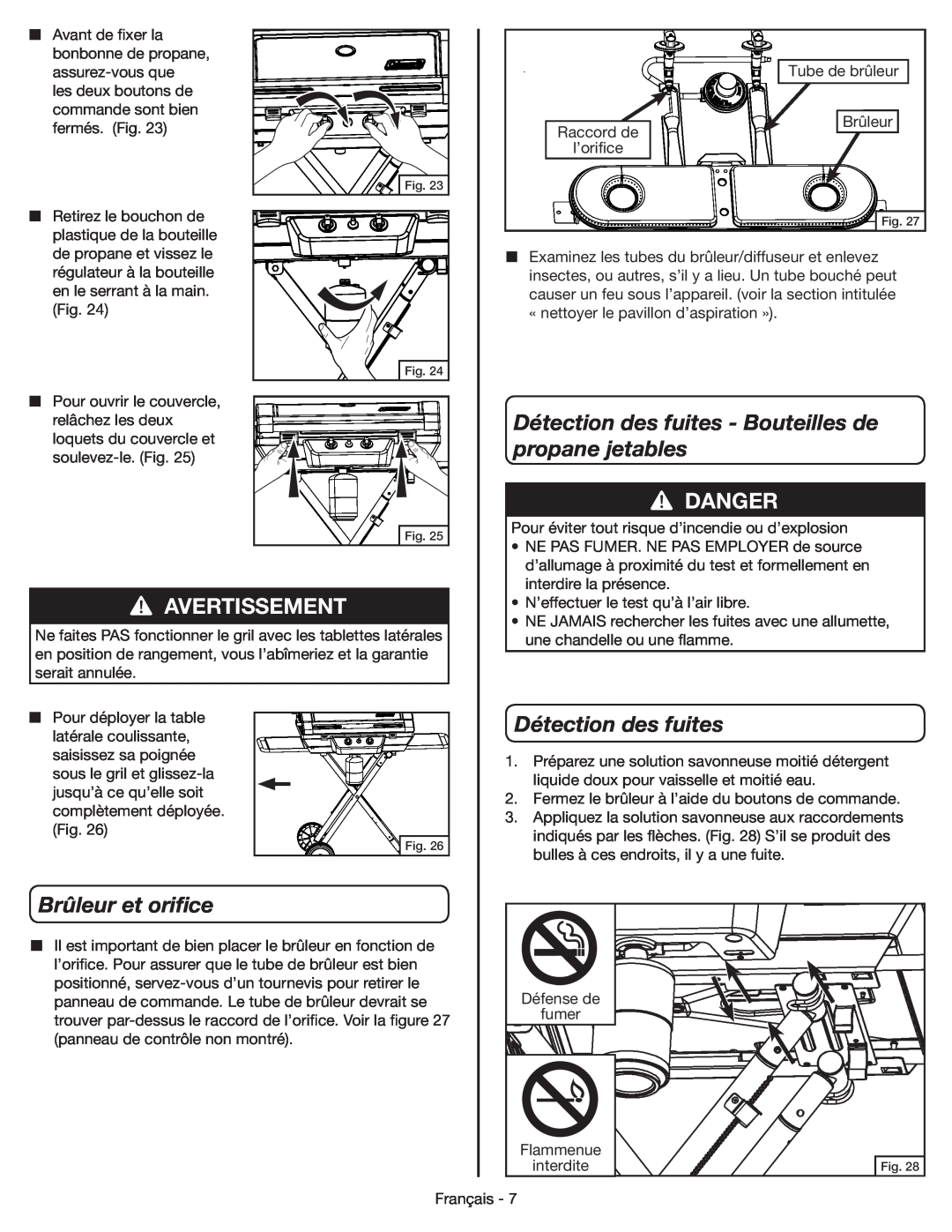 Coleman 9959 manual Détection des fuites - Bouteilles de, propane jetables, Brûleur et orifice, Danger, Avertissement 