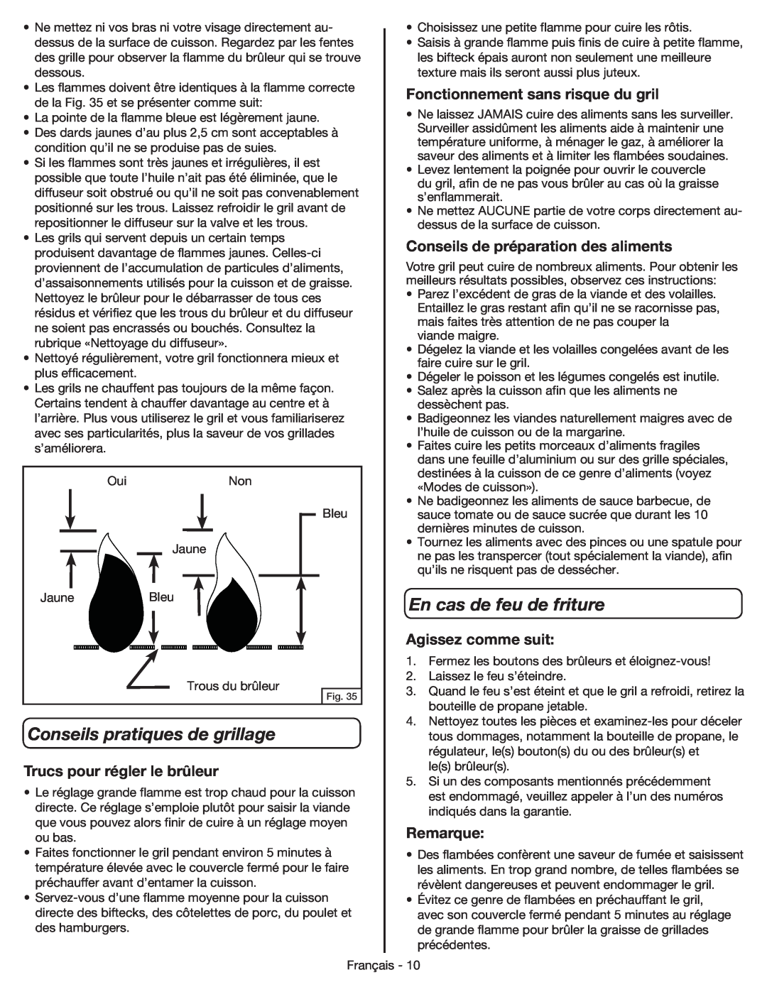 Coleman 9959 manual En cas de feu de friture, Conseils pratiques de grillage, Fonctionnement sans risque du gril, Remarque 