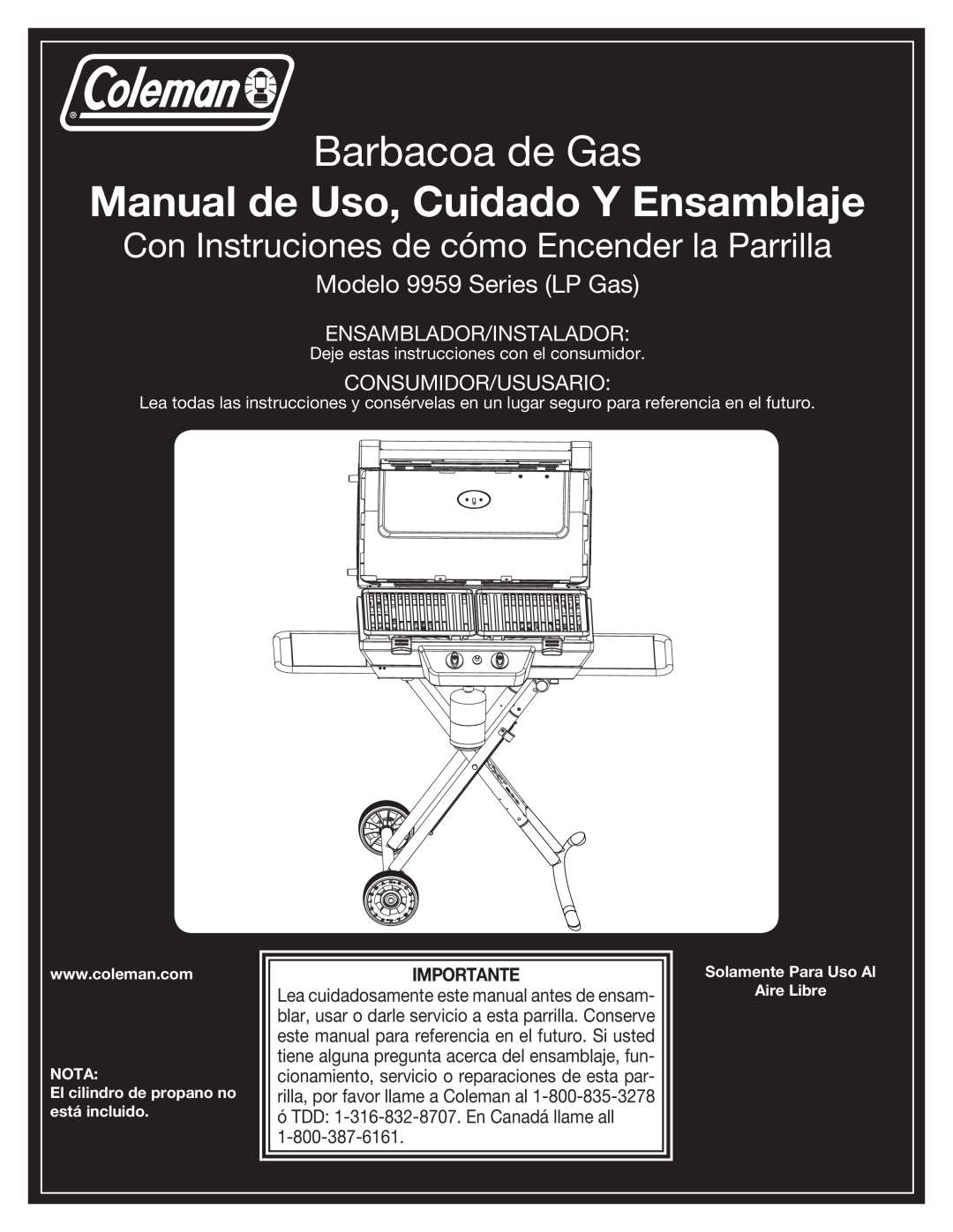 Coleman 9959 manual Barbacoa de Gas, Manual de Uso, Cuidado Y Ensamblaje, Con Instruciones de cómo Encender la Parrilla 