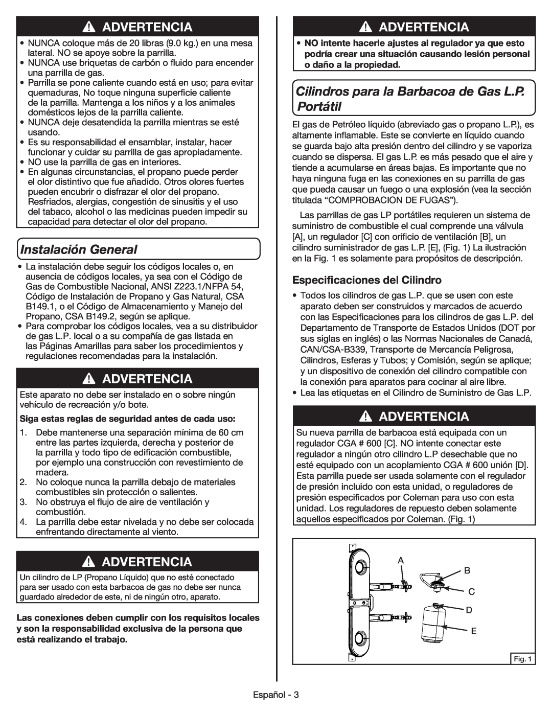 Coleman 9959 manual Instalación General, Cilindros para la Barbacoa de Gas L.P. Portátil, Especificaciones del Cilindro 