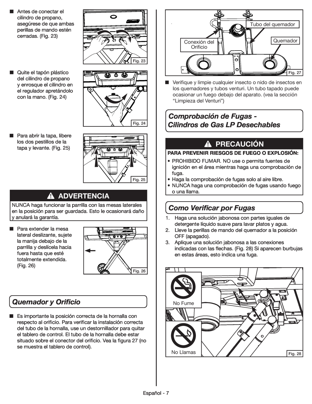Coleman 9959 manual Quemador y Orificio, Como Verificar por Fugas, Comprobación de Fugas - Cilindros de Gas LP Desechables 