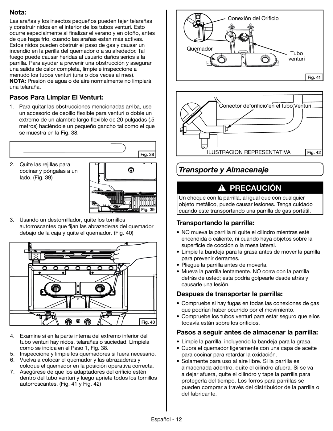 Coleman 9959 manual Transporte y Almacenaje, Pasos Para Limpiar El Venturi, Transportando la parrilla, Precaución, Nota 
