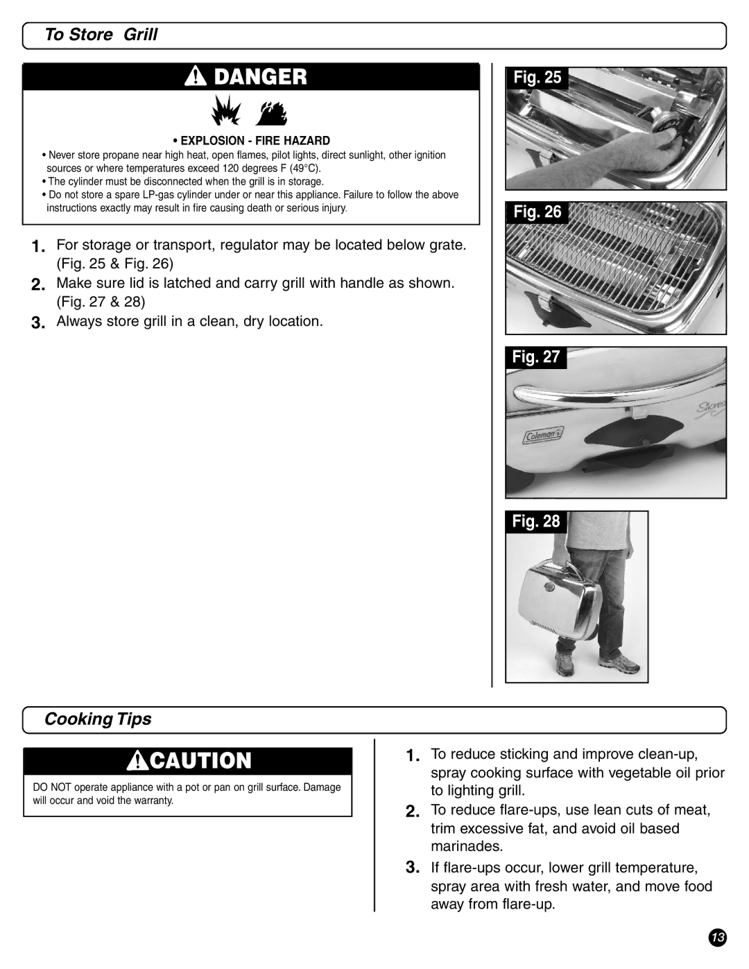 Coleman 9971-A50 instruction manual To Store Grill, Cooking Tips 