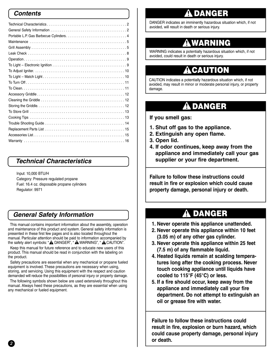 Coleman 9971-A50 instruction manual Contents, Technical Characteristics, General Safety Information 