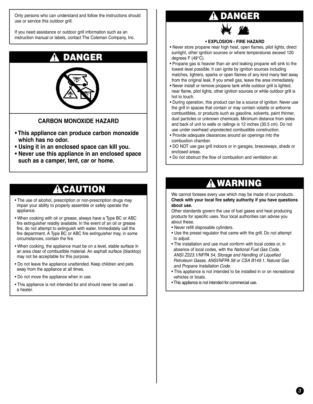 Coleman 9971-A50 instruction manual Carbon Monoxide Hazard 